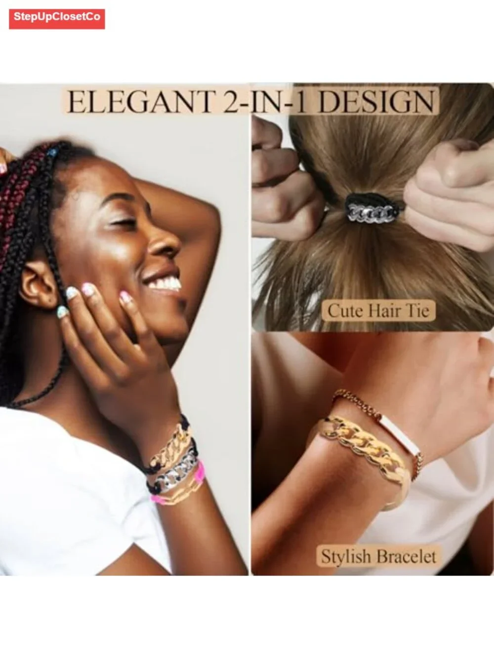 5 Pack Gold and Silver Bracelet Hair Ties for Women Ponytail Holders with Charms